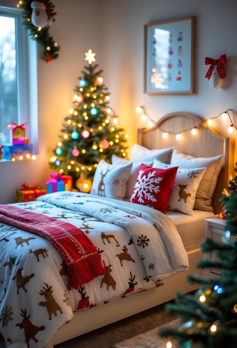A children's bedroom decorated for Christmas with bedding featuring snowflakes and reindeer, a small Christmas tree, and festive decorations.
