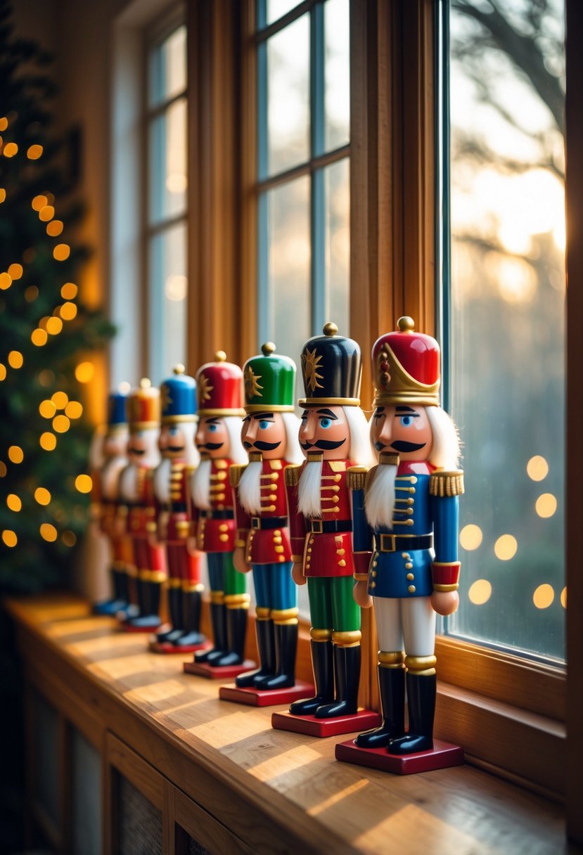 Nutcracker figurines lined up on a bay window sill with warm light shining through.