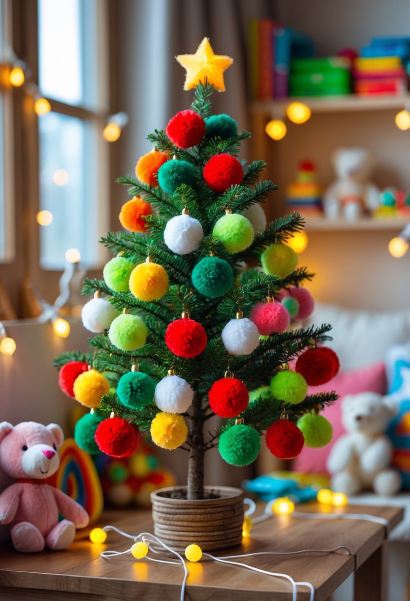 Mini Christmas tree decorated with colorful pompom ornaments in a children's room with toys and books.