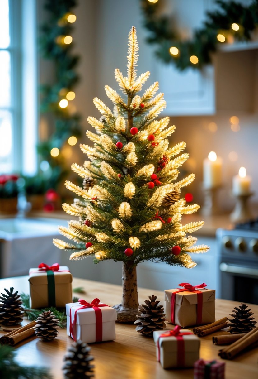 Miniature Christmas tree with lights on a kitchen table decorated for Christmas with festive items around it.