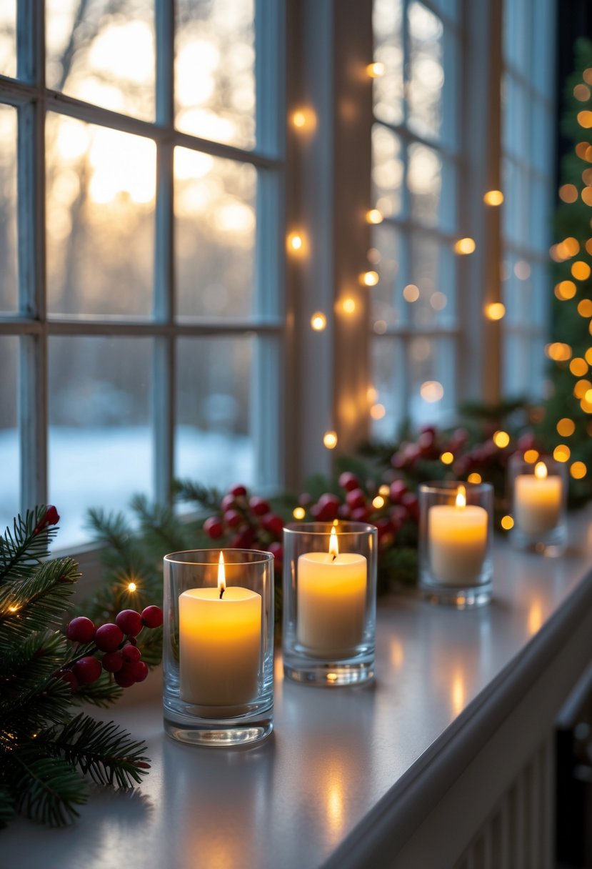 Battery-powered LED candles in glass holders arranged on a bay window sill with Christmas decorations and natural light coming through the window.