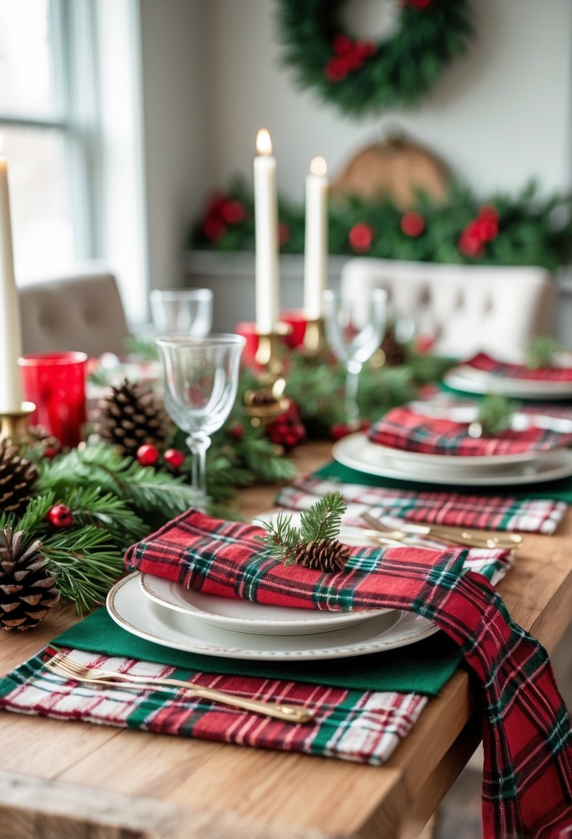 A Christmas kitchen table set with plaid napkins and matching placemats, decorated with pine cones, evergreen sprigs, and red berries.