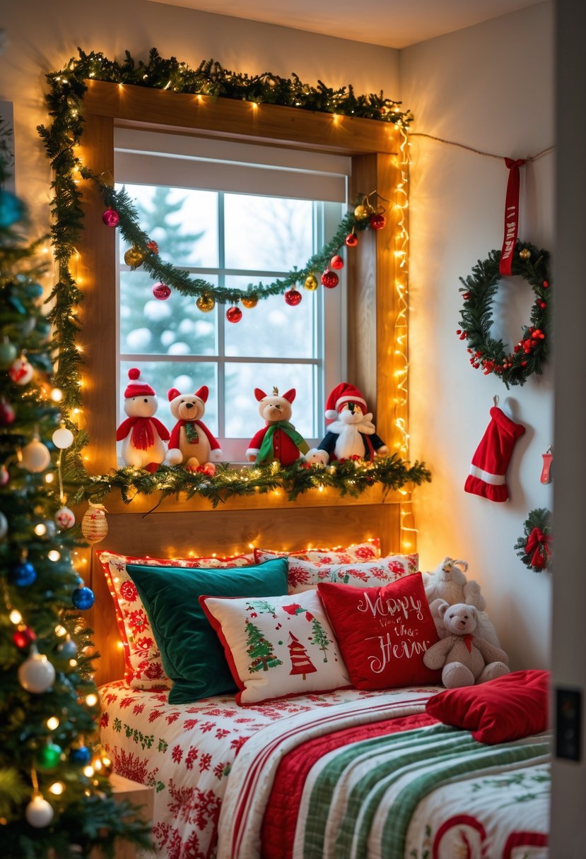 A children's bedroom decorated for Christmas with fairy lights on the headboard and window, festive ornaments, and cozy bedding.