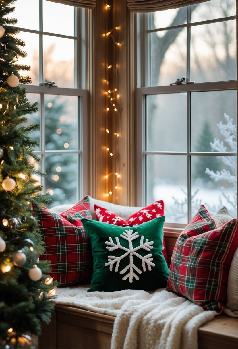 A cozy bay window decorated with festive holiday pillows featuring plaid and snowflake patterns, illuminated by warm light.