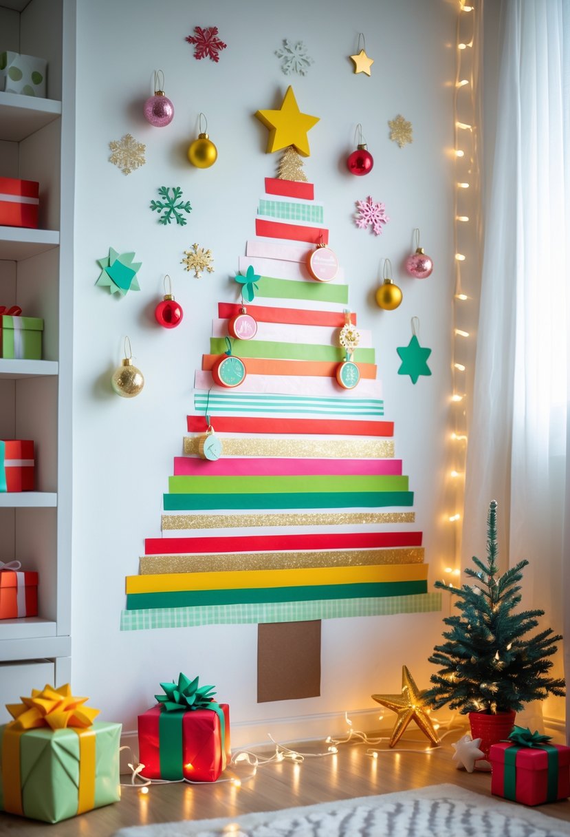 A colorful Christmas tree shape made from washi tape on a white wall, decorated with small ornaments and surrounded by holiday decorations in a children's room.