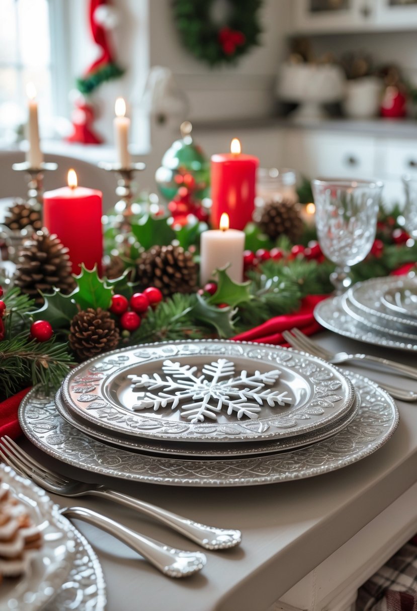 A Christmas kitchen table set with silver snowflake charger plates and festive holiday decorations including candles and pine cones.