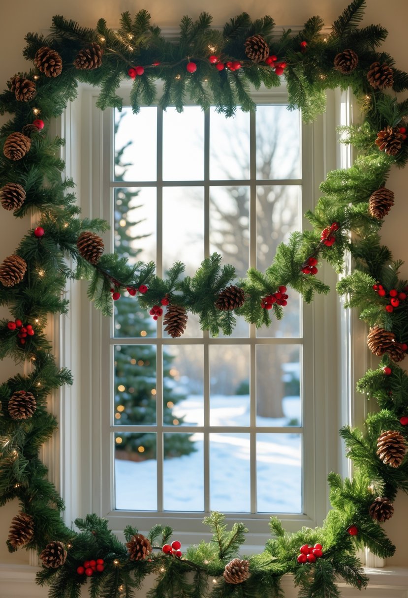 Bay window decorated with pinecone and red berry garlands, glowing softly with natural light.