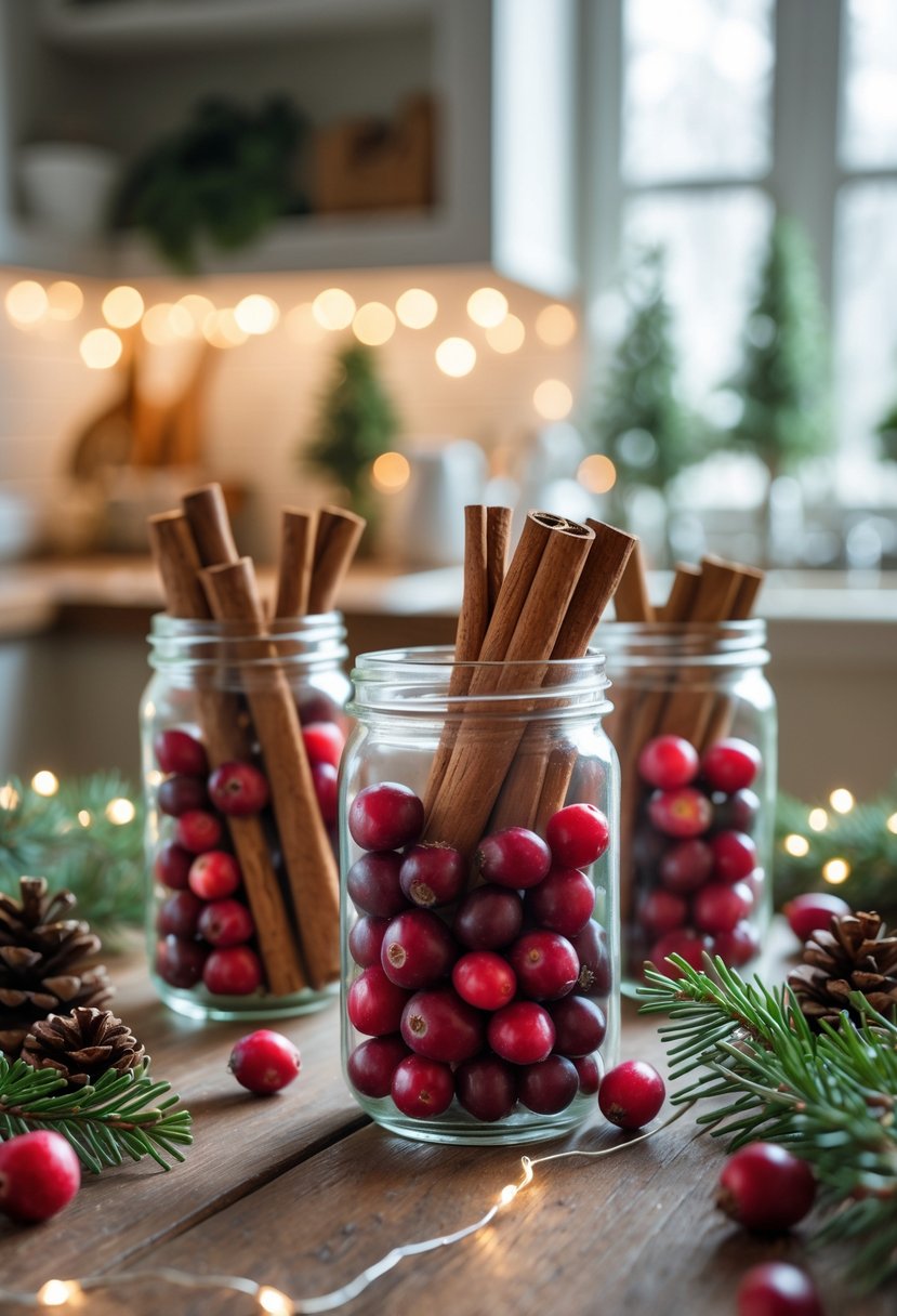 Glass jars filled with cinnamon sticks and cranberries arranged on a wooden kitchen table with holiday decorations.