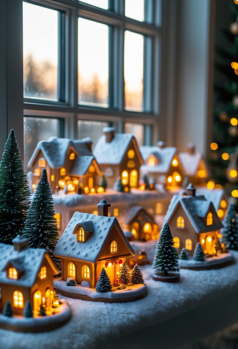 Miniature Christmas village with small houses and glowing lights displayed on a window ledge.
