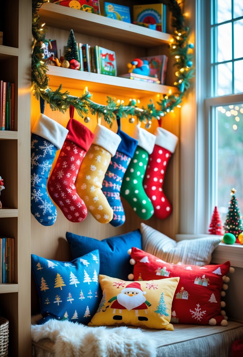 A children's reading nook decorated for Christmas with colorful stockings hanging, cushions, books, and festive holiday decorations.