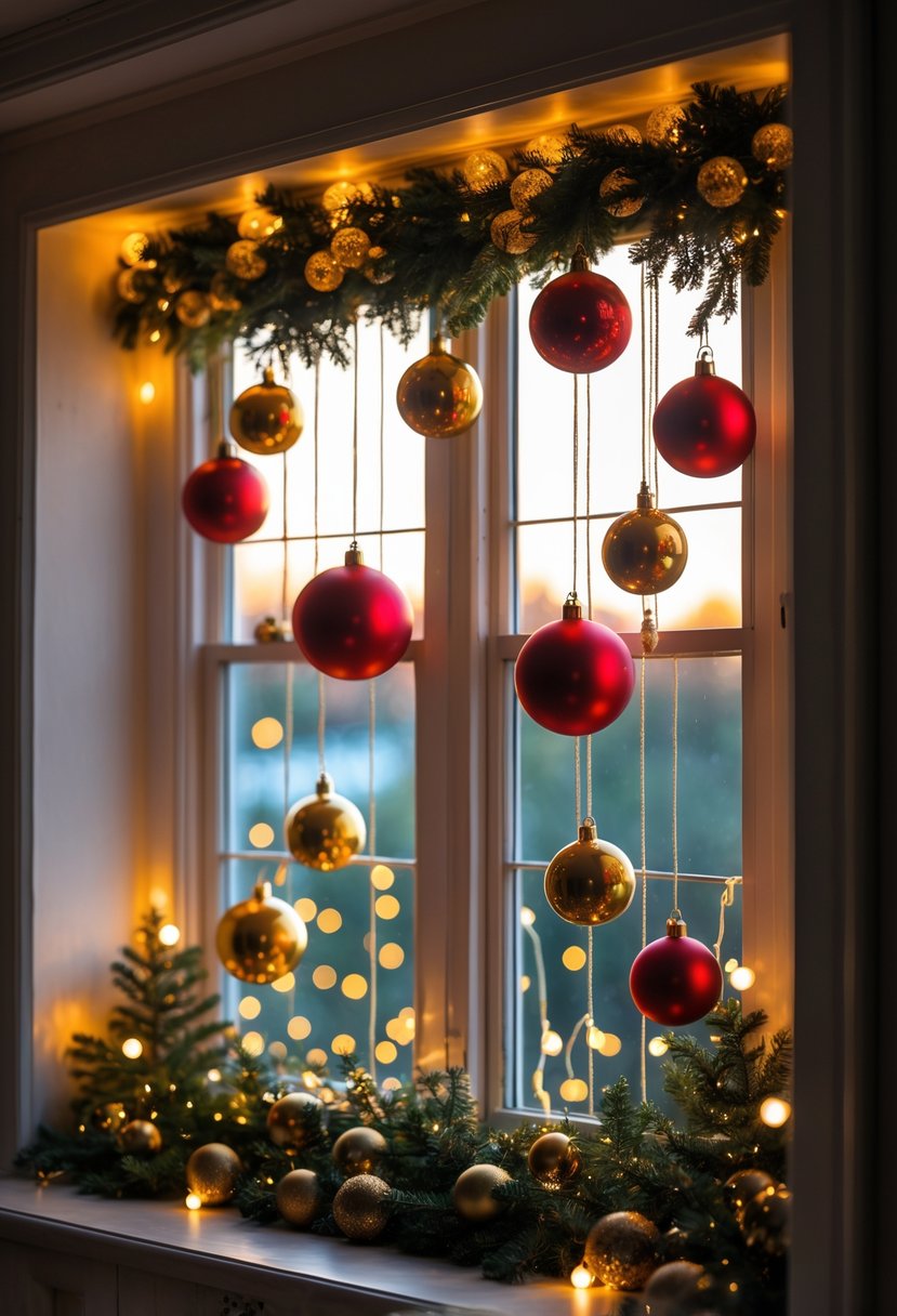 Bay window decorated with clusters of large red and gold Christmas baubles hanging with warm glowing light.