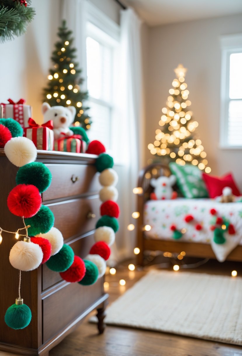 A children's room decorated for Christmas with a colorful pom pom garland wrapped around wooden furniture and festive decorations.