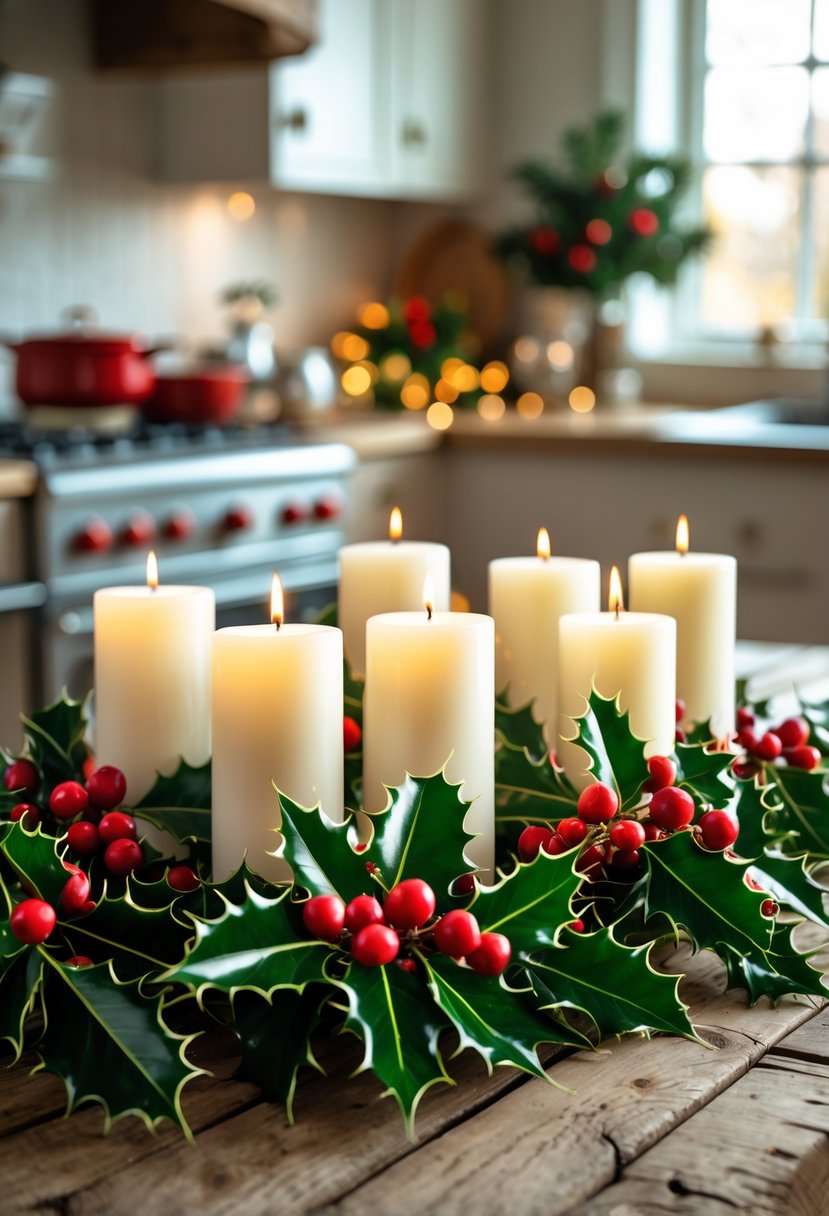 A cluster of white pillar candles surrounded by green holly leaves and red berries on a wooden kitchen table.