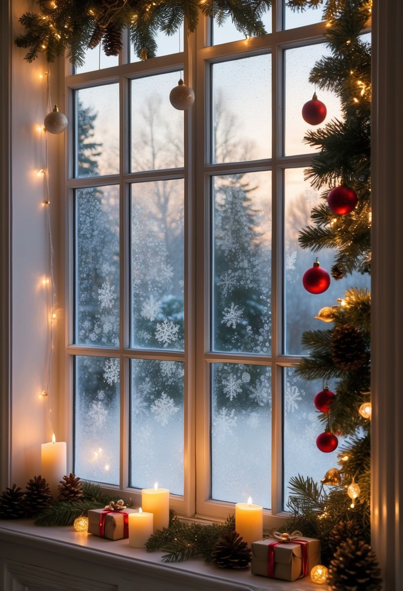 A cozy bay window decorated for Christmas with frosted snowy window art, warm glowing lights, candles, garlands, and festive ornaments.