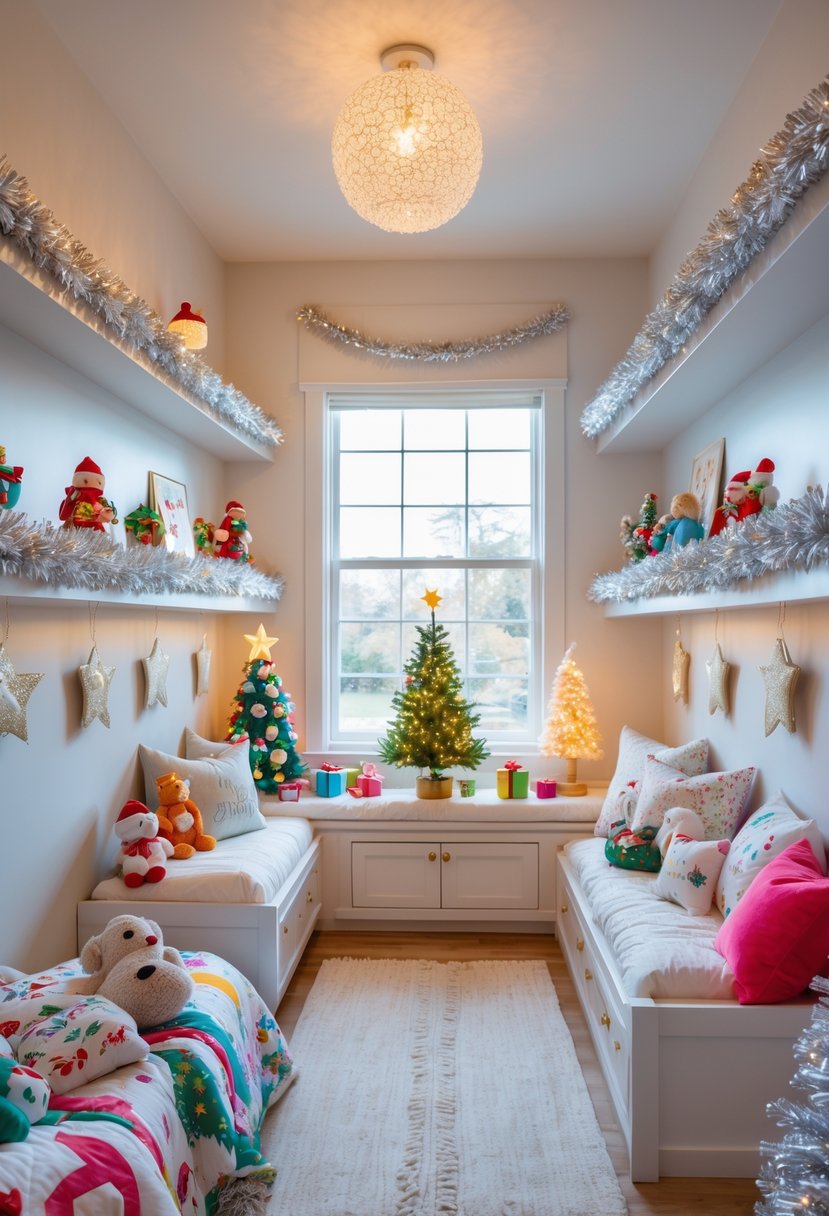 Children's bedroom decorated for Christmas with tinsel garlands on shelves and windowsills, colorful ornaments, and a small Christmas tree.