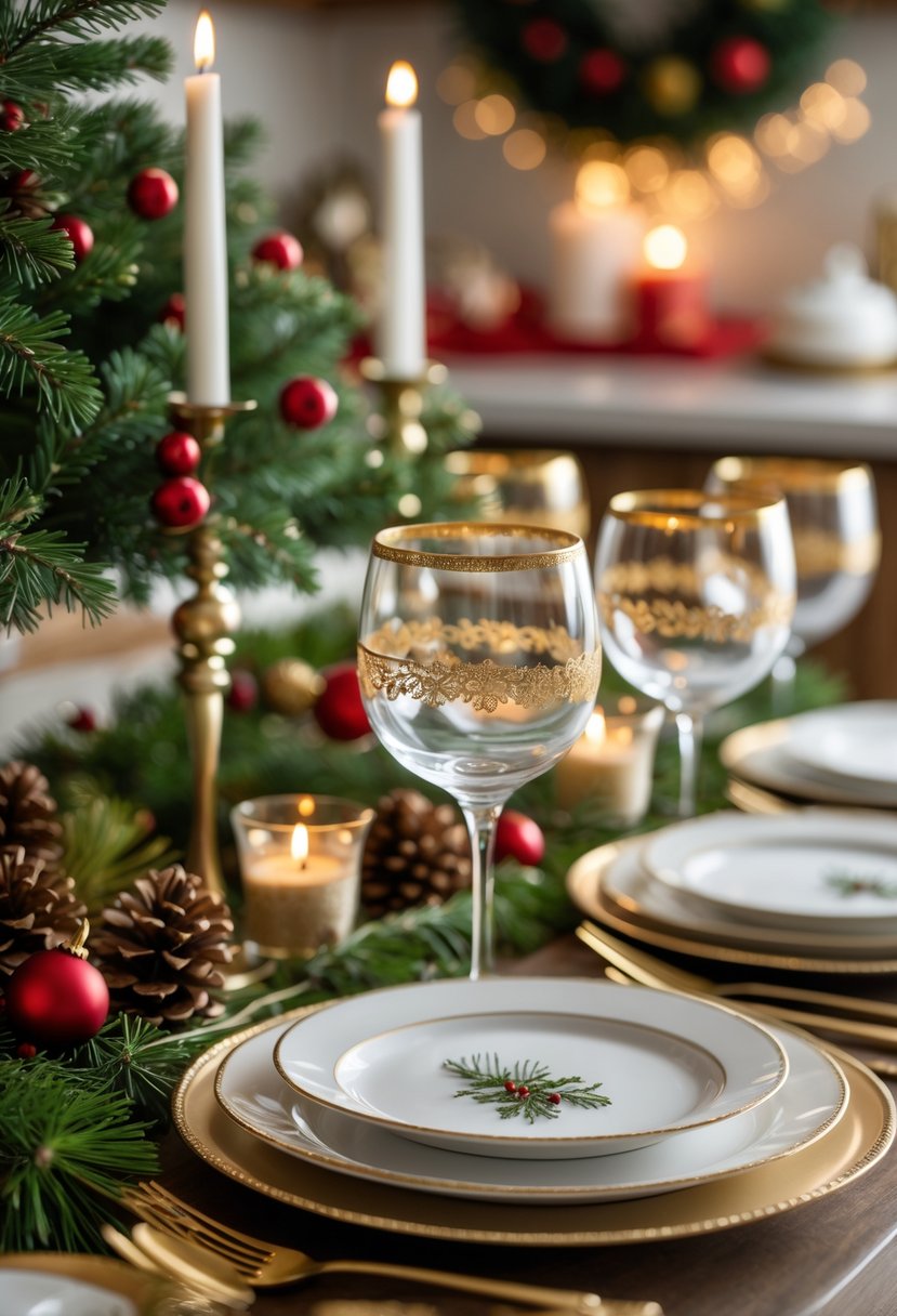 A Christmas kitchen table set with gold-accented glassware, festive greenery, red berries, and holiday decorations.