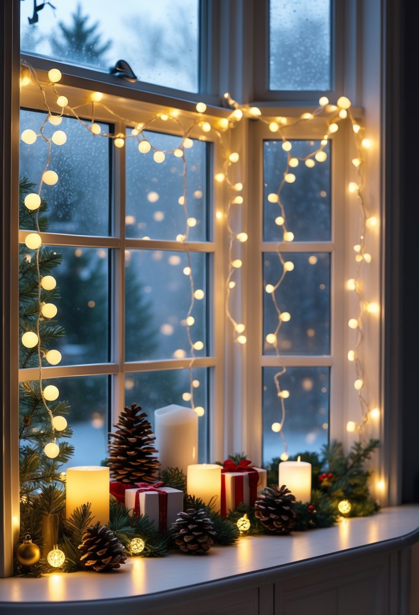 A bay window decorated with warm white string lights, pine cones, candles, and greenery, creating a cozy Christmas scene.