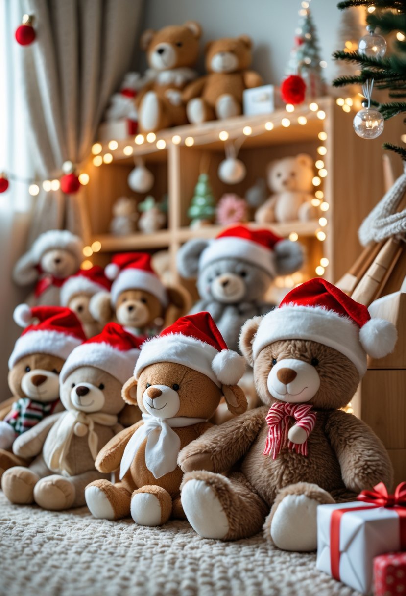 Children's room with stuffed animals and toys wearing Santa hats surrounded by Christmas decorations.