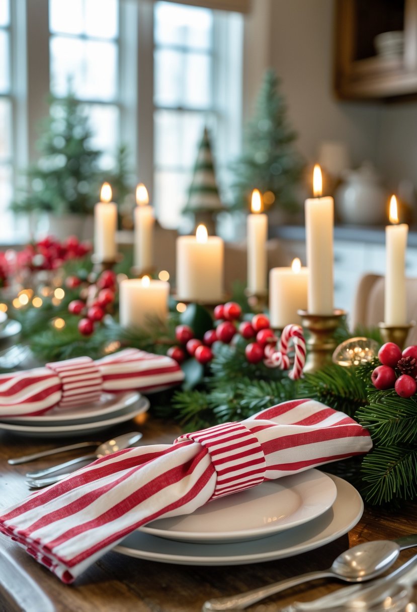 A Christmas kitchen table decorated with peppermint-striped cloth napkin rings, pine branches, red berries, and candles.