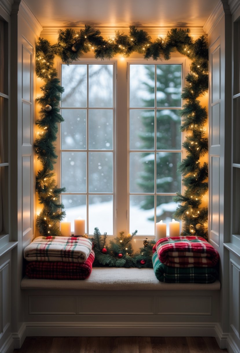 A bay window decorated for Christmas with warm glowing lights and neatly folded plaid throw blankets in the corners.