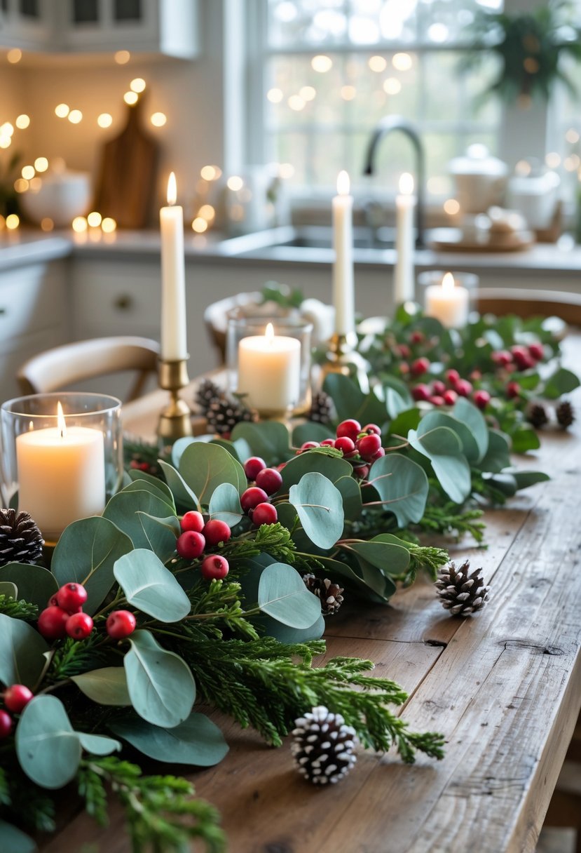 A kitchen table decorated with a fresh eucalyptus and red berry garland and festive holiday accents.