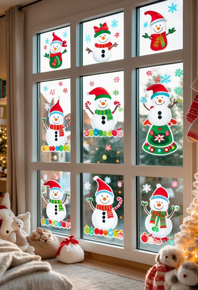 A children's room decorated with snowman and candy cane window clings on a large window, surrounded by cozy holiday decorations.