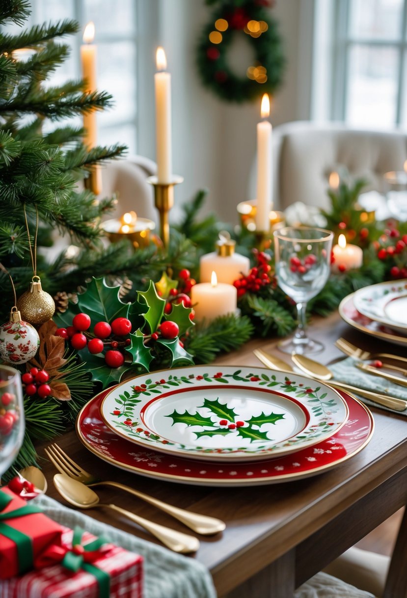 A set of hand-painted Christmas-themed dinner plates arranged on a decorated kitchen table with holiday greenery and candles.