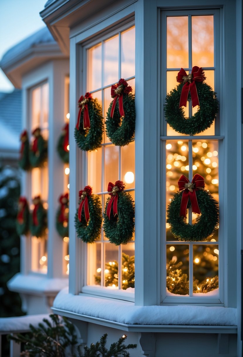 A cozy home with bay windows decorated with small wreaths and ribbons, glowing warmly from inside during Christmas.