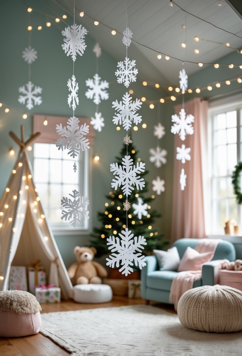 A kids' room decorated for Christmas with paper snowflake decorations hanging from the ceiling.