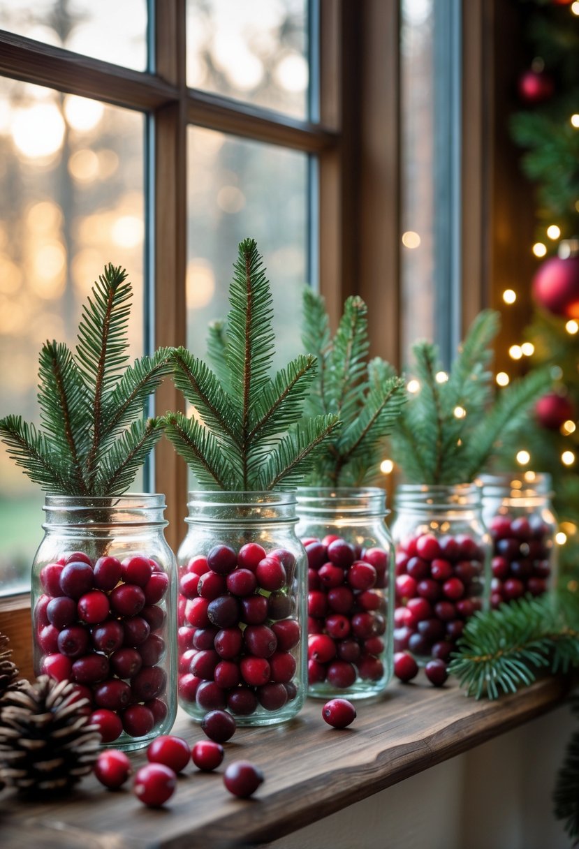 Glass jars filled with cranberries and pine branches arranged on a wooden bay window sill decorated for Christmas with soft warm light.