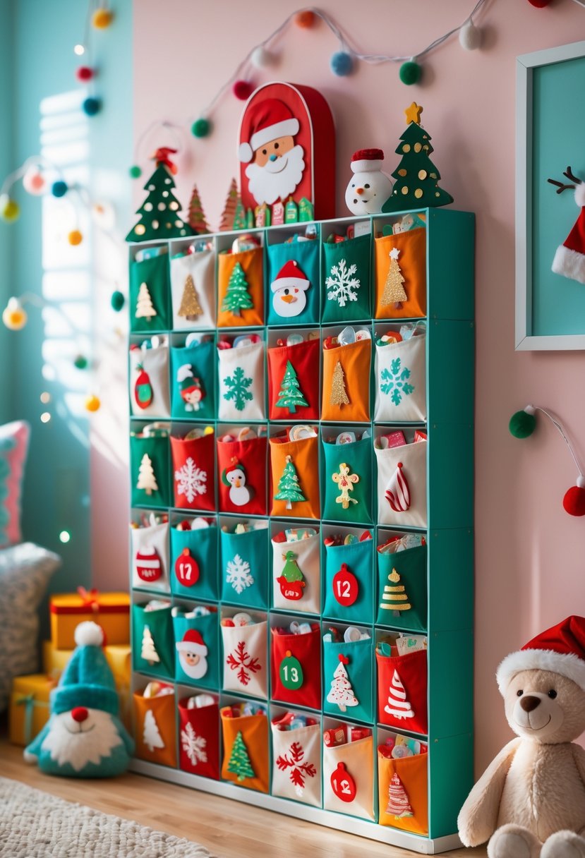 Interactive advent calendar with 15 festive compartments on a colorful kids' room wall decorated for Christmas.