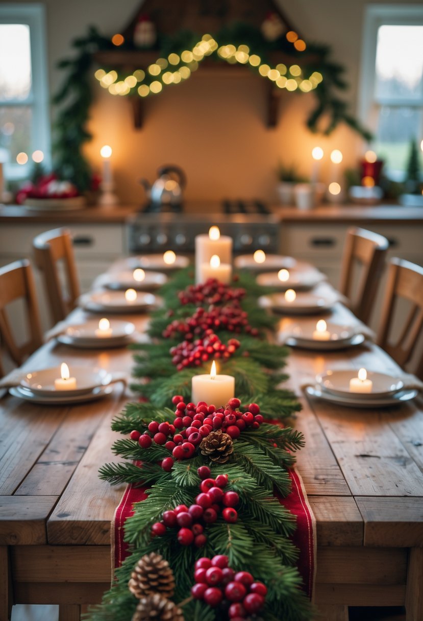 A kitchen table decorated with a garland of red berries and pinecones arranged as a centerpiece for Christmas.