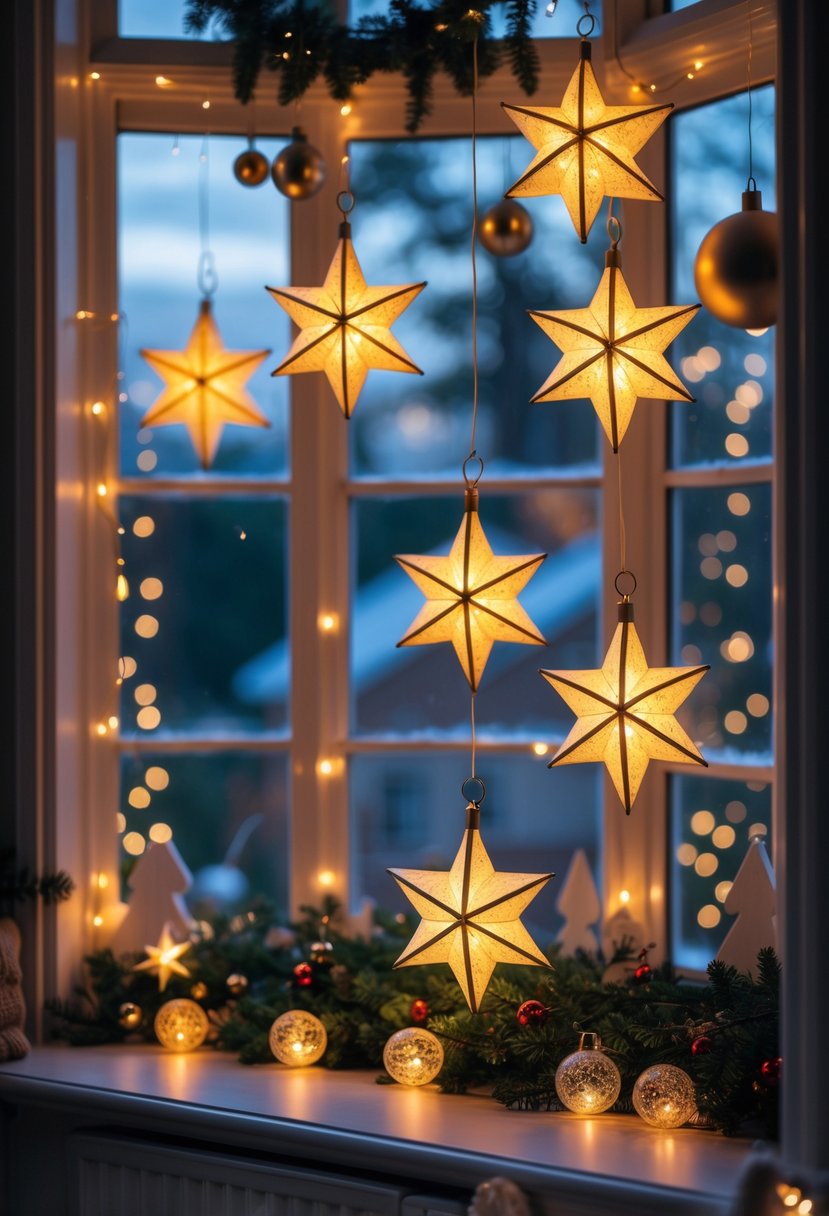Star-shaped lanterns hanging at different heights in front of a decorated bay window with warm Christmas lights.