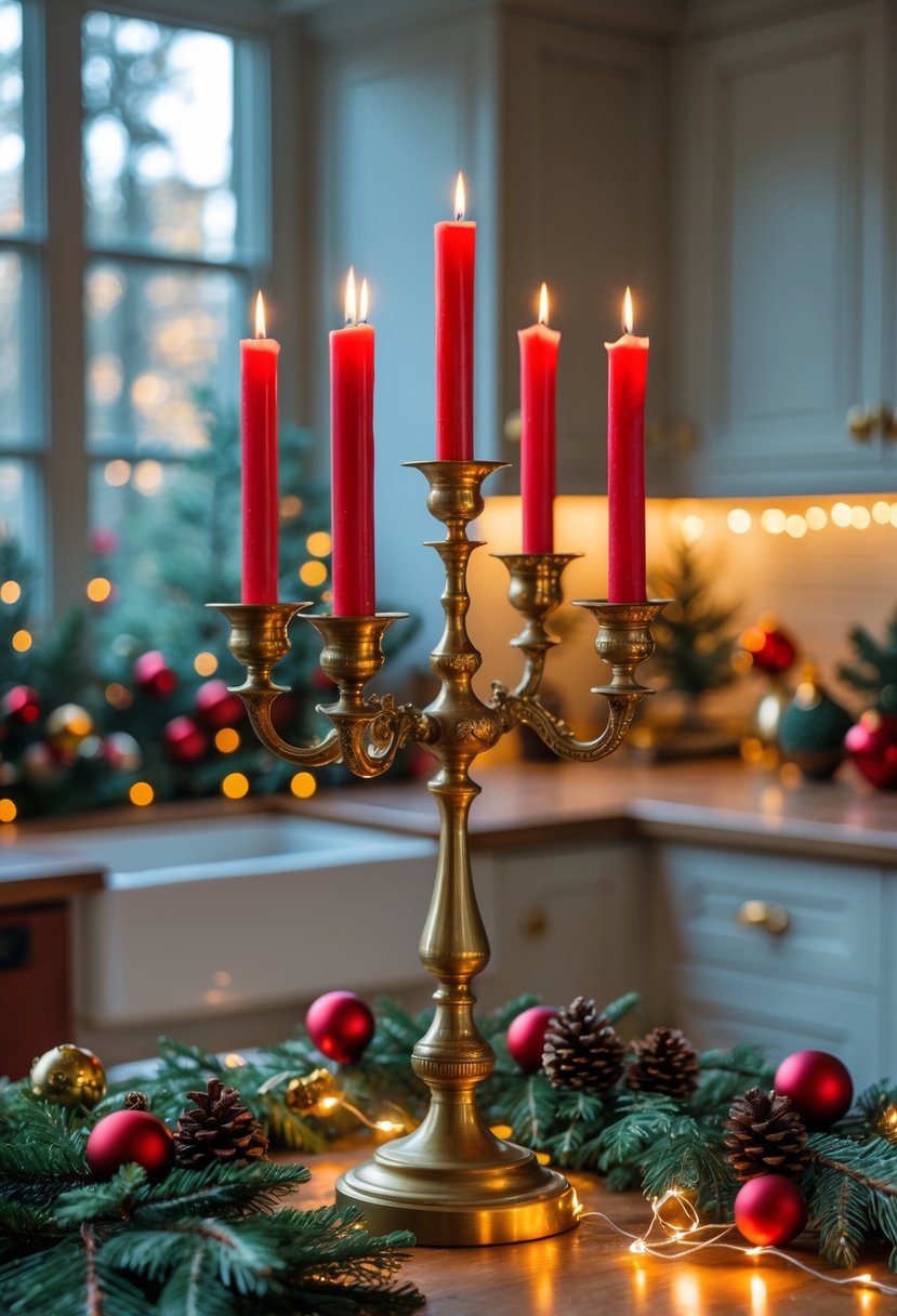 Vintage brass candelabra with lit red candles on a decorated Christmas kitchen table surrounded by pine branches and holiday ornaments.