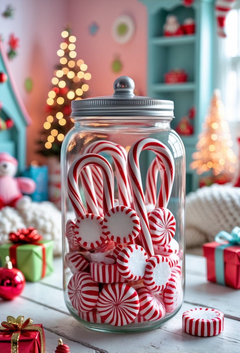 A glass jar filled with red and white striped candy canes and peppermint candies on a table in a children's room decorated for Christmas.