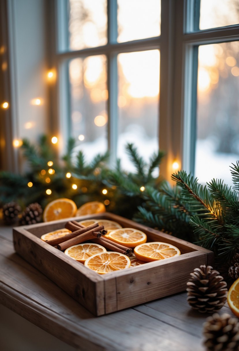A tray with cinnamon sticks and dried orange slices on a windowsill decorated with pine branches and fairy lights.
