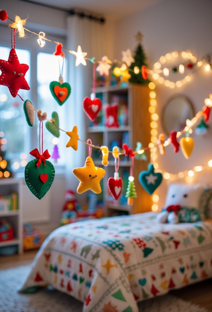 A children's room decorated with a garland of colorful handmade felt ornaments hanging across the space.