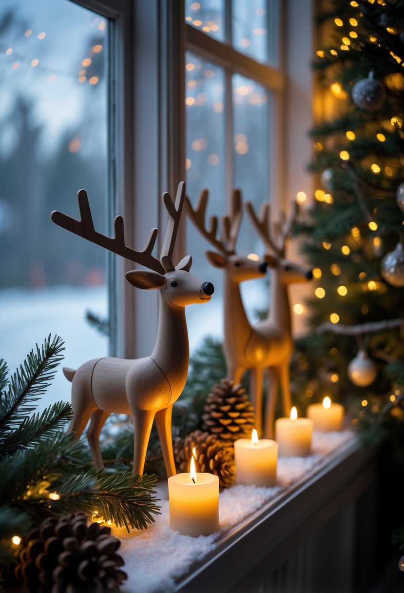 Wooden reindeer figures beside lit candles on a decorated bay window with a snowy outdoor view.