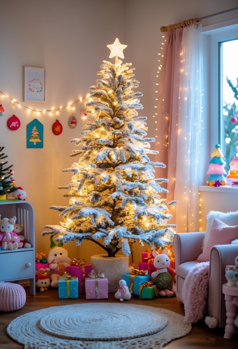 A children's room with a flocked Christmas tree decorated with soft white lights and whimsical holiday decorations.