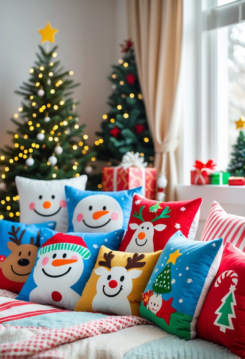 A children's bedroom decorated for Christmas with colorful holiday-themed throw pillows on the bed and festive decorations around the room.