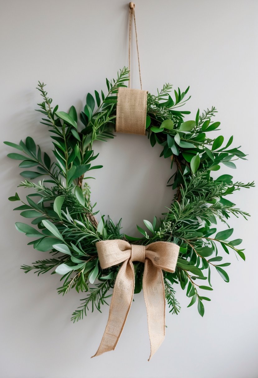 A natural greenery wreath with a burlap ribbon on a plain background.