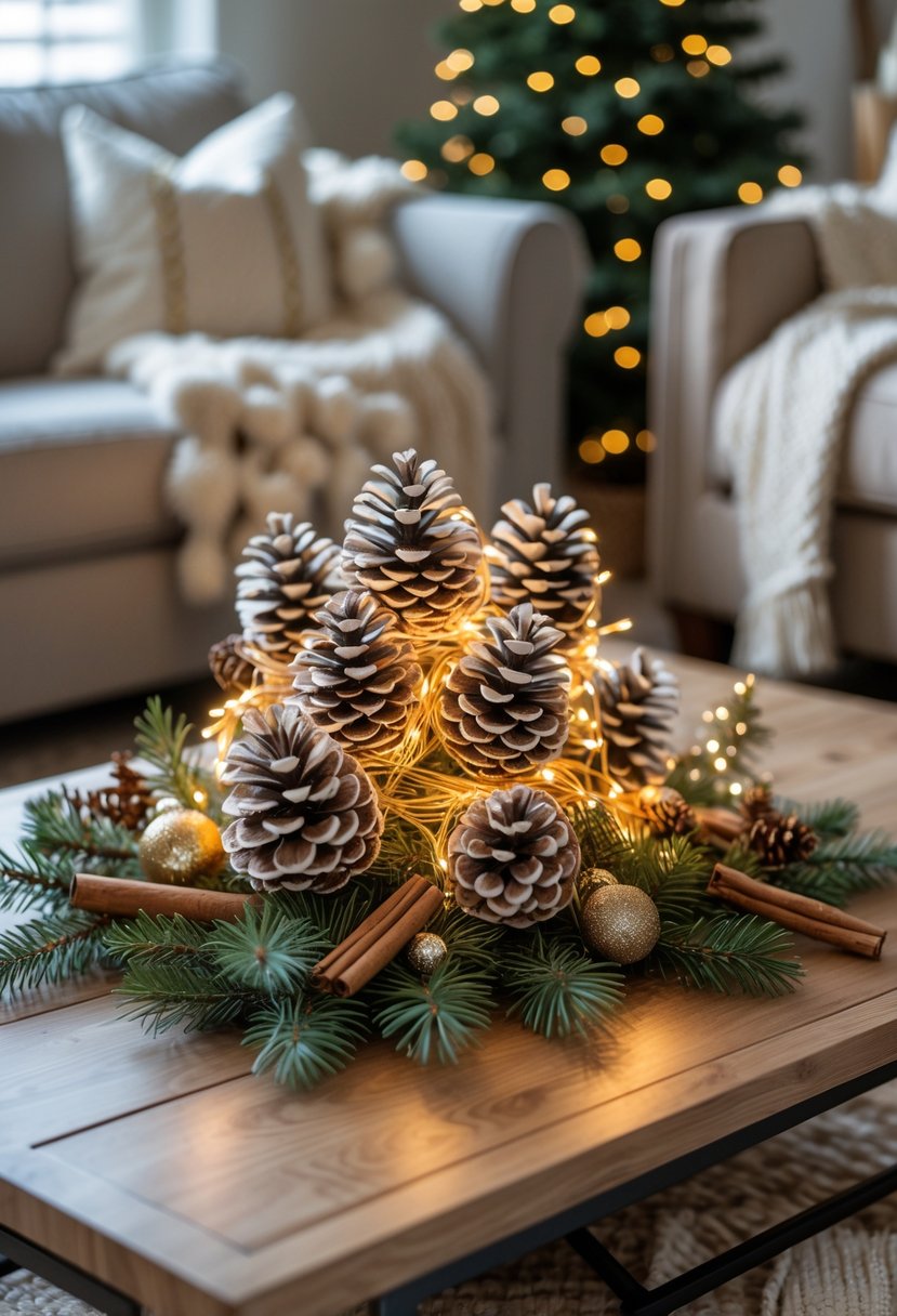 A coffee table decorated with pinecones wrapped in twinkling fairy lights and holiday greenery in a cozy living room.