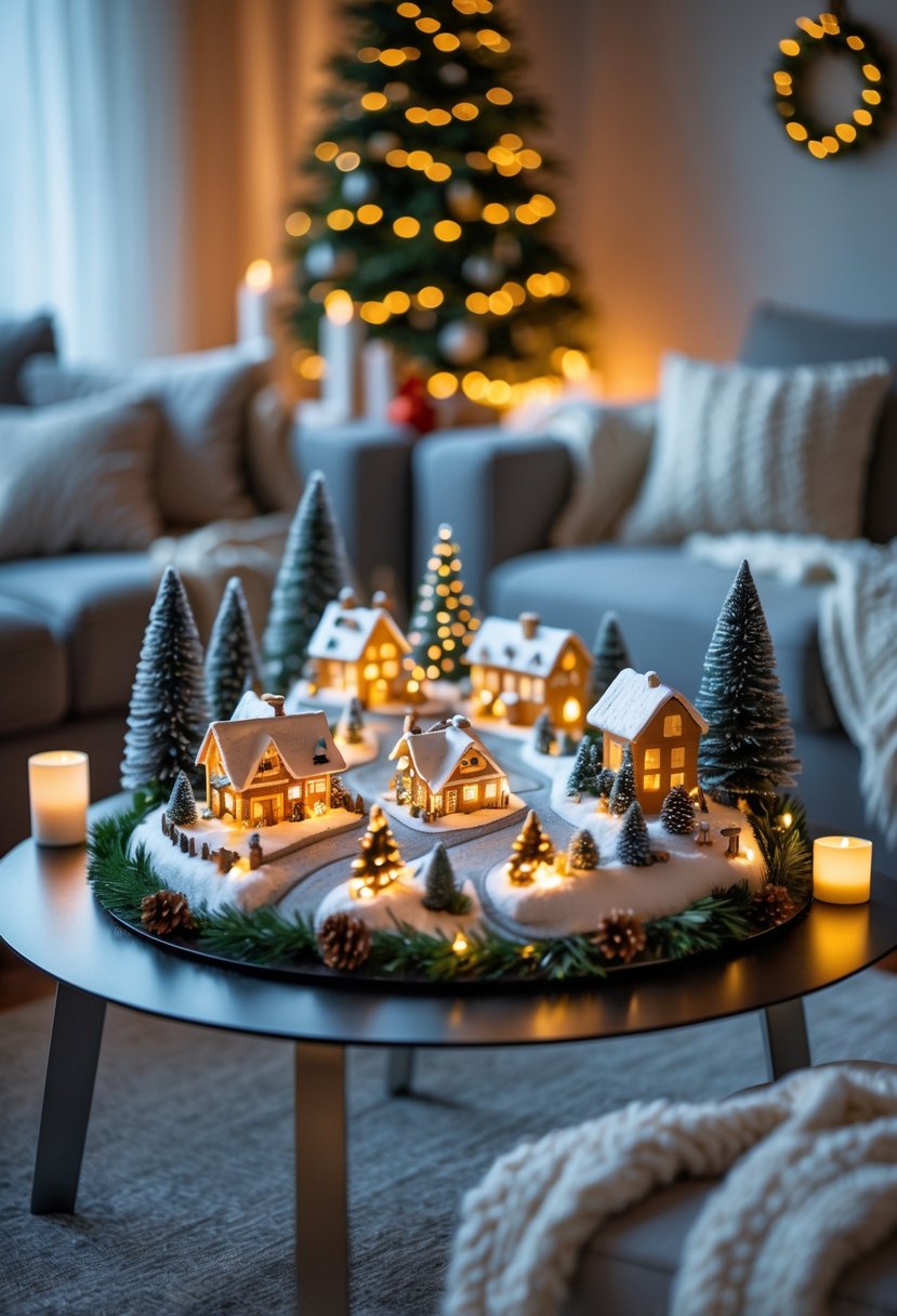 A miniature Christmas village centerpiece on a coffee table surrounded by cozy living room decor with warm lighting and festive decorations.