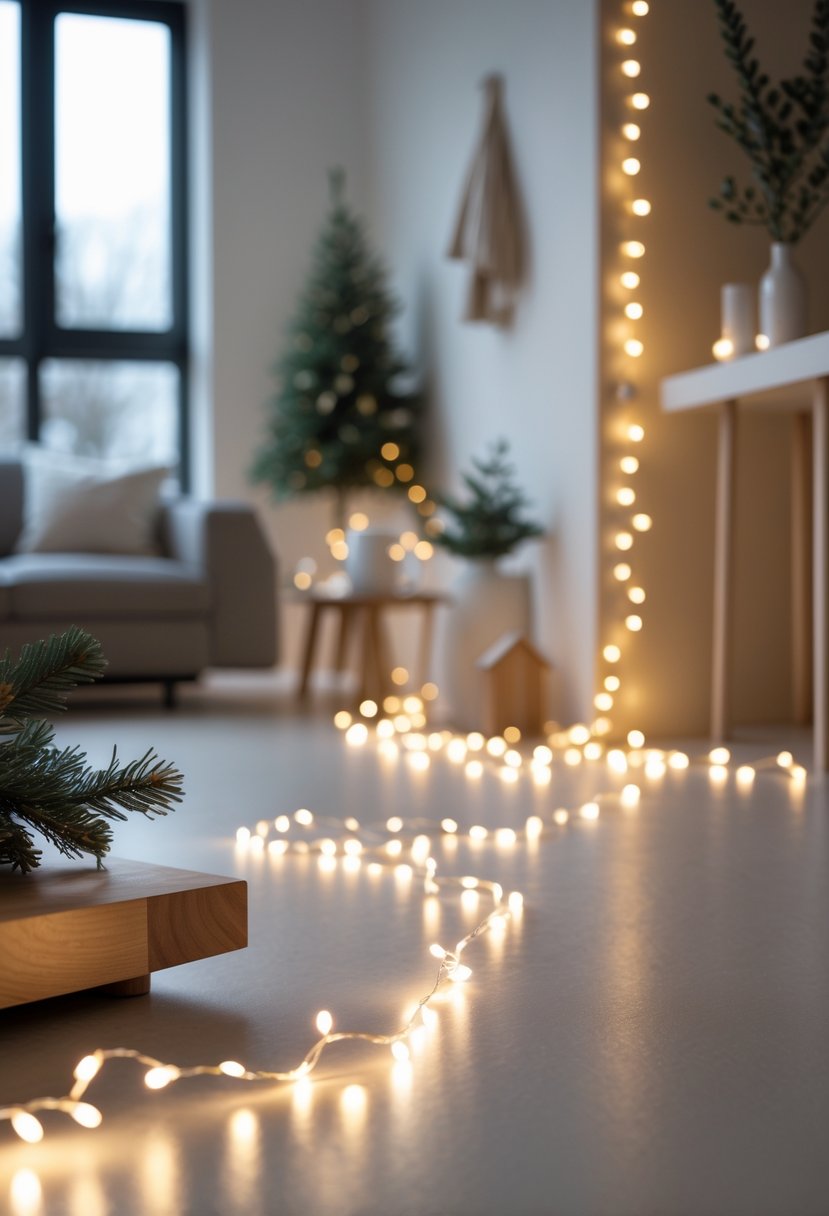 White LED string lights glowing warmly in a simple modern home decorated for Christmas.