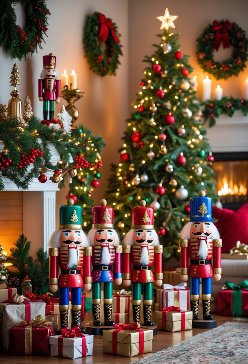 A cozy living room decorated with multiple colorful nutcracker figurines, a Christmas tree, garlands, fairy lights, wrapped presents, and festive holiday decorations.