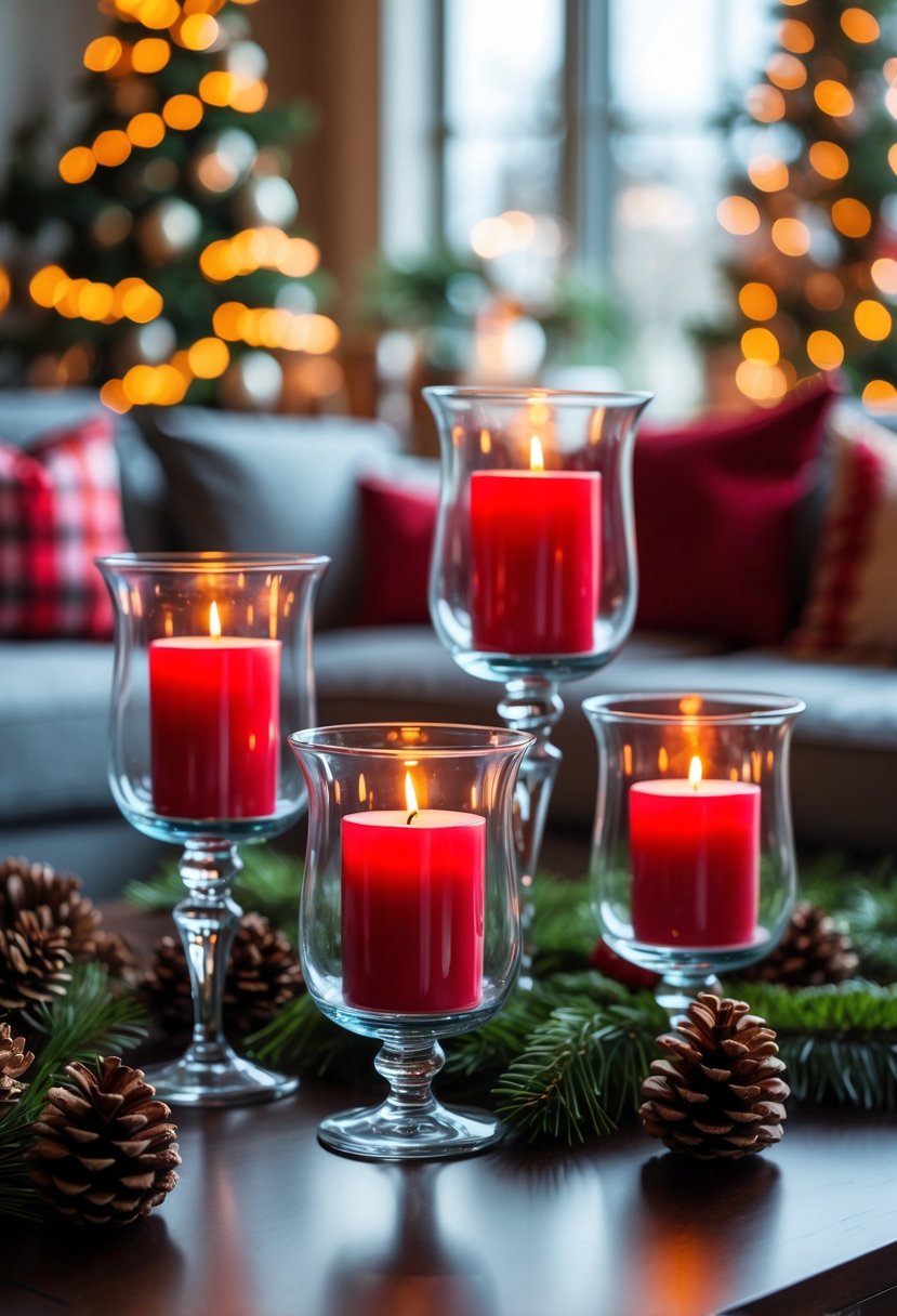 Glass hurricane candle holders with red candles on a coffee table surrounded by Christmas decorations in a cozy living room.