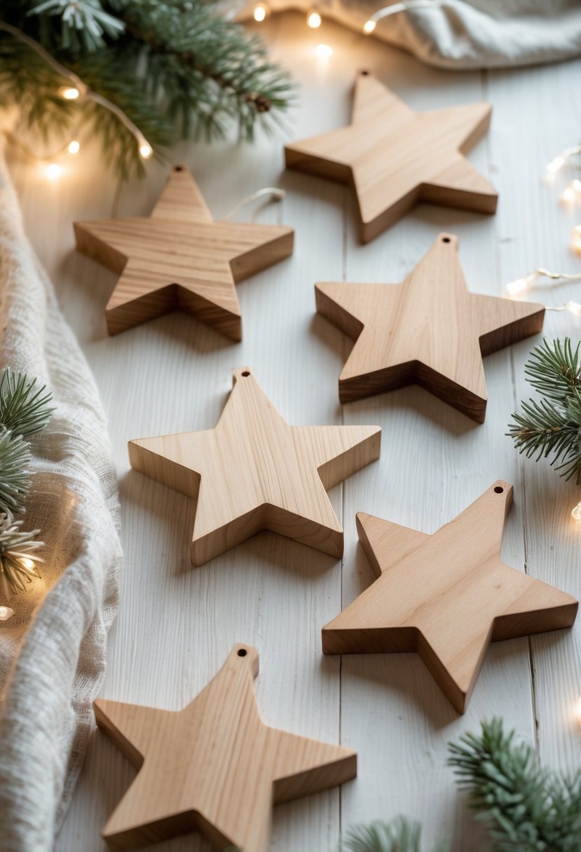Wooden star ornaments arranged on a light wooden surface with pine sprigs and soft white lights in the background.