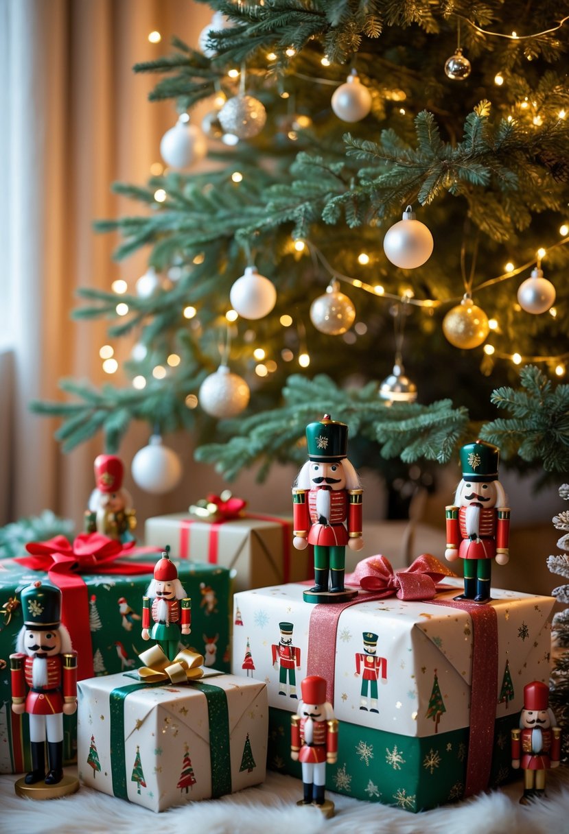 Christmas tree with wrapped gifts featuring nutcracker-themed designs and small nutcracker figurines underneath.