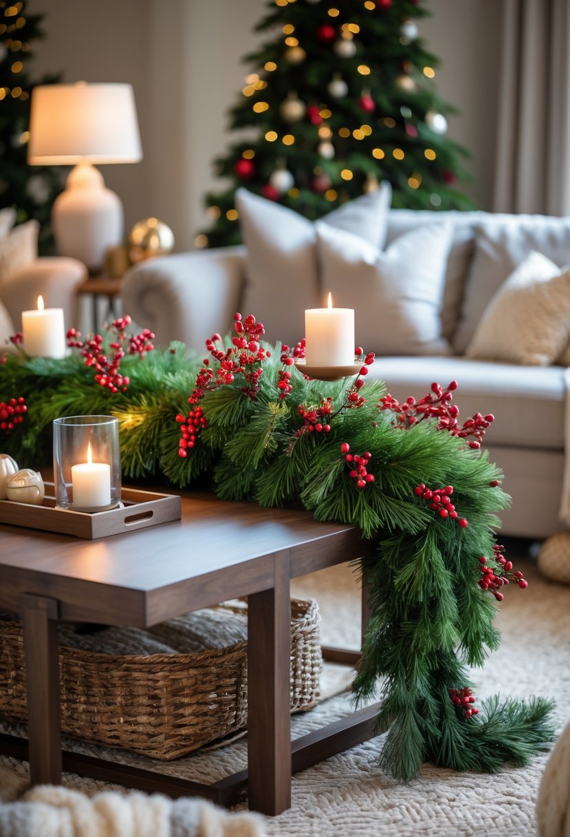 A cozy living room with a coffee table decorated with a layered greenery garland and red berries as Christmas decor.