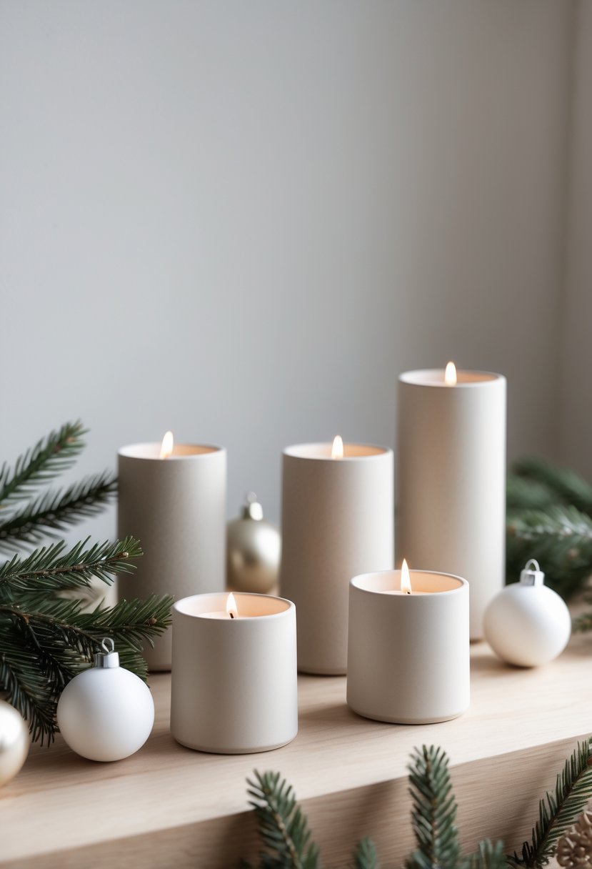Simple matte ceramic candle holders on a wooden surface with pine branches and white ornaments in a clean, festive setting.